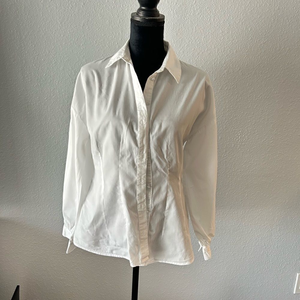 Reclaimed Vintage White Cotton Button-Up Shirt Balloon Sleeves US 4 NWOT - Picture 3 of 6